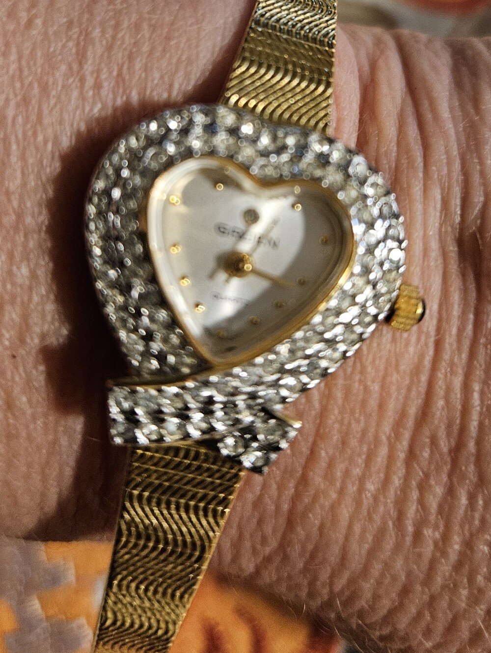 Gruen Gold Tone Heart Shaped Rhinestone Watch GR8121 Nww Battery!